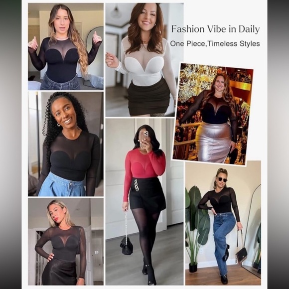 Popilush Long Sleeve Mesh Bodysuit Shapewear Built in Bra Thong NWT S - Picture 2 of 7